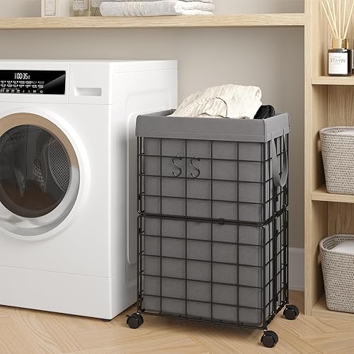 Miniatura 2 de ELYKEN Cesta de lavandería con ruedas, marco de alambre de metal duradero con bolsa interior extraíble de 70 l18.8 galones de capacidad, cesta de