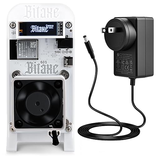 Bitaxe Gamma 601 Bitcoin Miner, Open Source Solo BTC Mining Machine, BM1370 ASIC Chip, 1TH/s - 1.2TH/s SHA-256, 2.4G WiFi, Home Crypto Miner, incl. 5V Power Supply & Stand, AxeOS, White