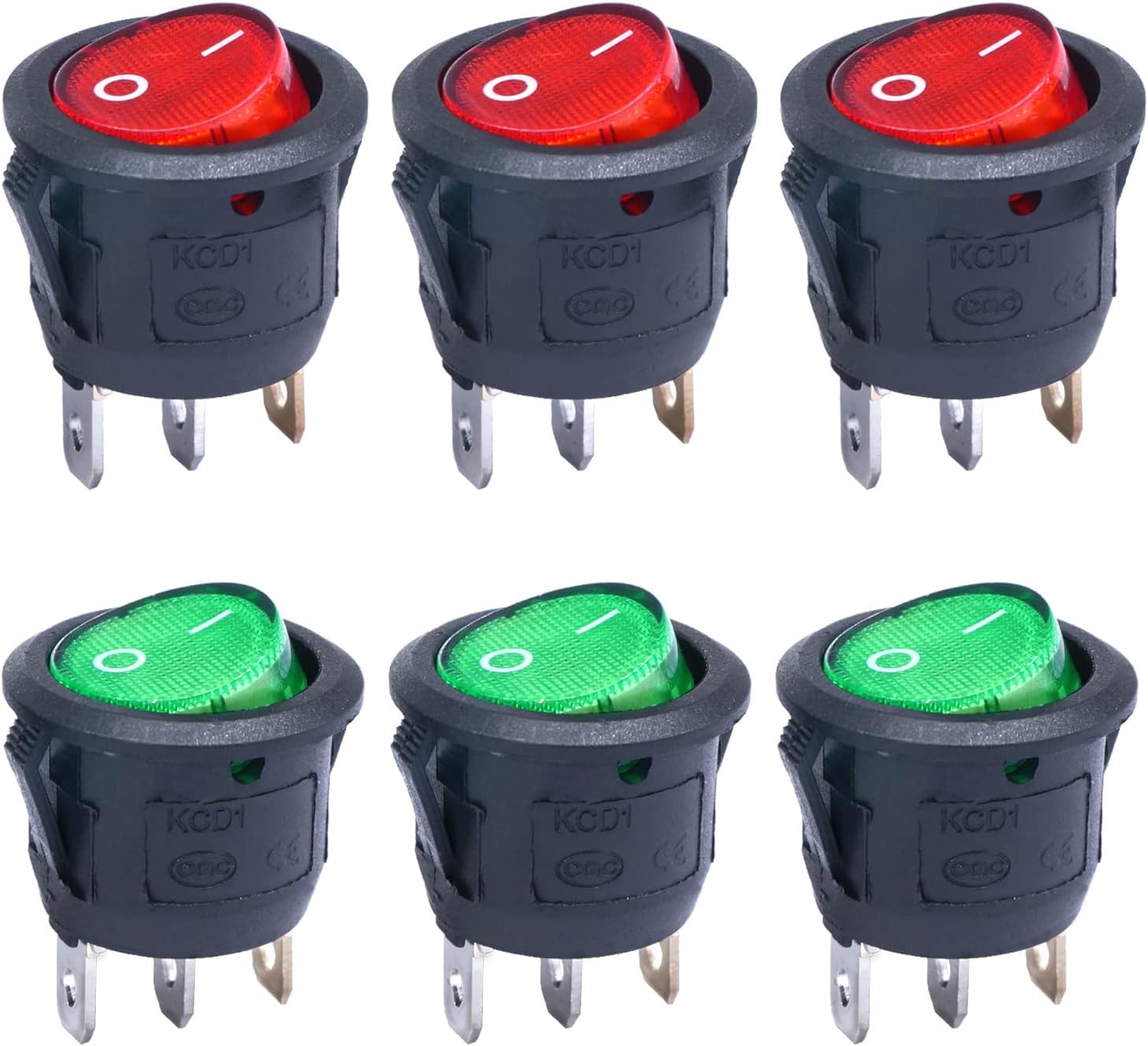 Twidec/6Pcs Round Rocker Switch AC 6A 125V 10A 250V SPST 3 Pins 2 Position ON/Off Red and Green LED Light Illuminated Round Boat Rocker Switch Toggle KCD1-5-101NRG