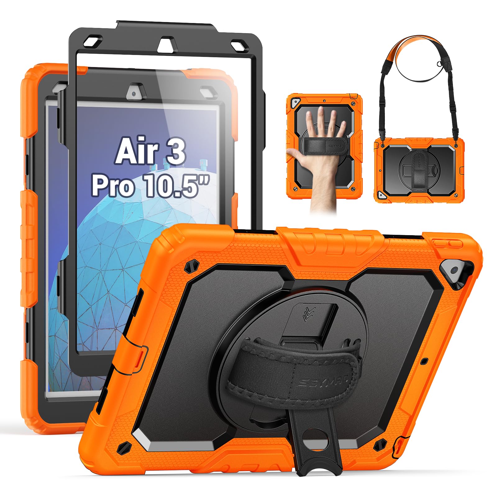 Seymac, custodia protettiva per iPad Air 3/Pro da 10,5 pollici, resistente, antiurto, con pellicola proteggi schermo, supporto girevole a 360°, cinghia da mano/tracolla per iPad Air di terza