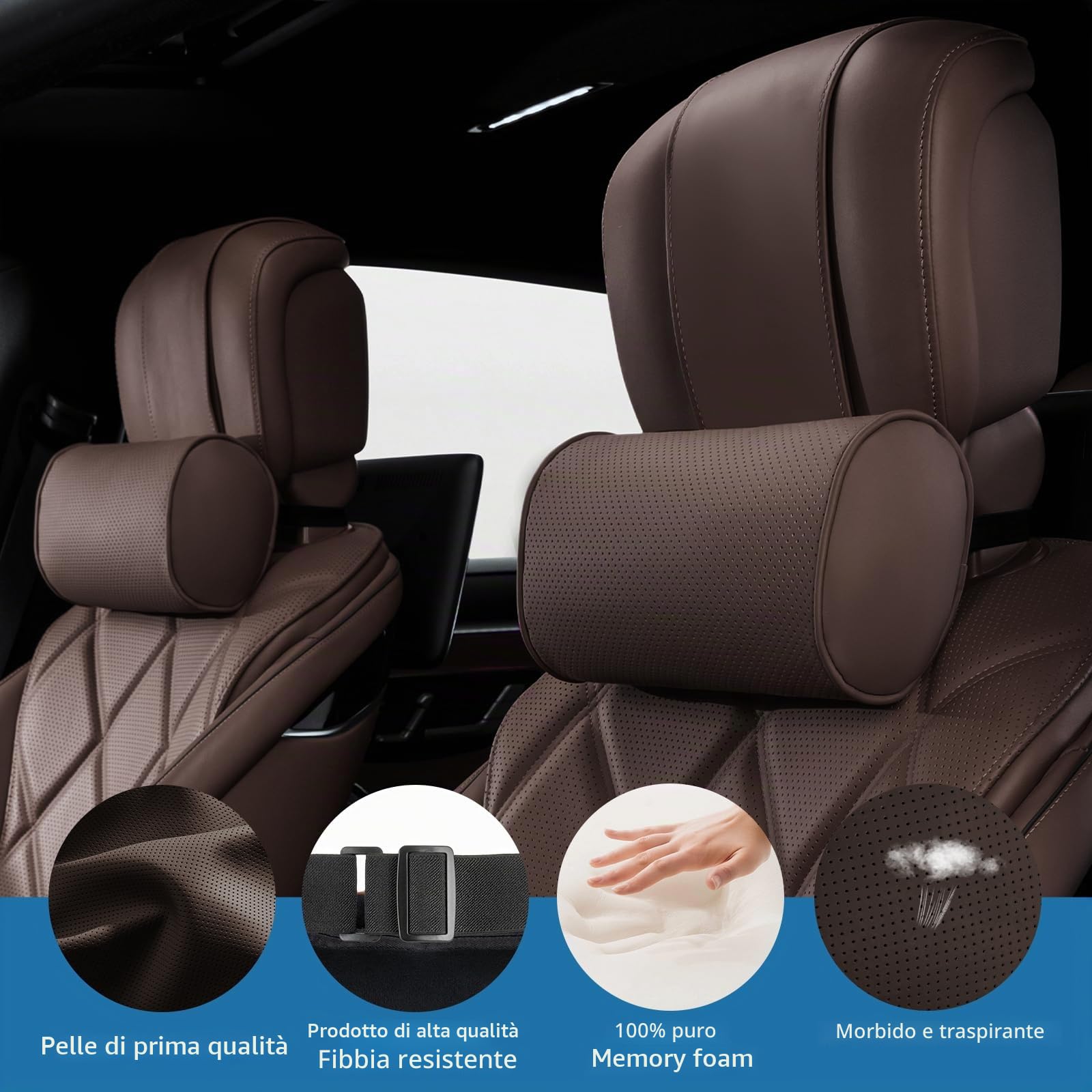 Cuscino Poggiatesta Auto in Pelle e Schiuma di Memoria, Supporto per il Collo Dell'auto, Ergonomico Cuscino Cervicale per Viaggio, Sedili Auto e Casa, Ufficio, Marrone, 2 Pezzi