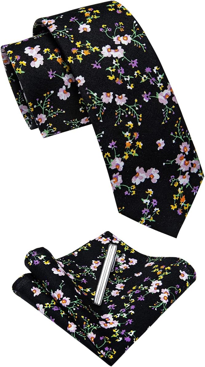 Cotton Floral Tie for Men 2.5" Printed Skinny Necktie Pocket Square Tie Clip Set Flower Wedding Party Groom - Image 5