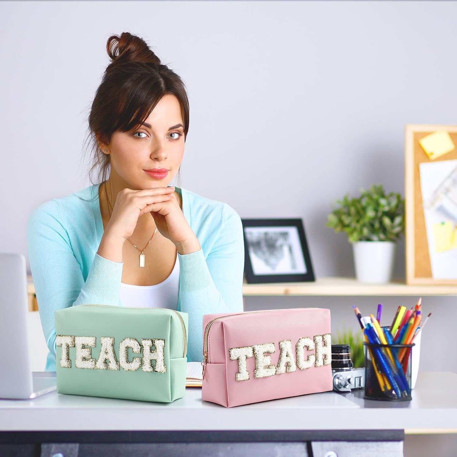 9 Pcs Teacher Appreciation Gifts Bulk, Teach Chenille Letter Makeup Pouch Bag, PU Leather Preppy Zipper Cosmetic Bag, Travel Graduation Retirement Teacher Gifts for Women(Vivid Color, Teach)