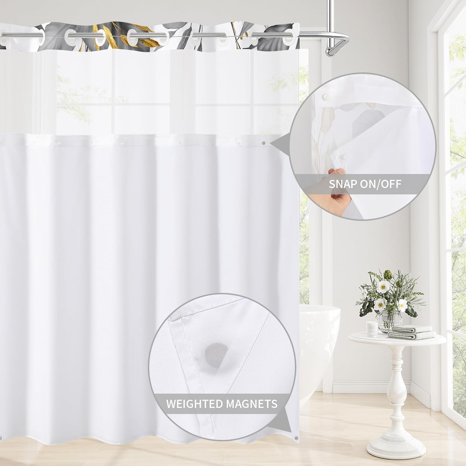 Litabel No Hooks Grey Gold Plant Leaves Shower Curtain Set with Snap-in Liner, Hotel Tropical Floral Art Printed Double Layer Fabric, Modern Style with See Through Window Bathroom Decor 72 x 74