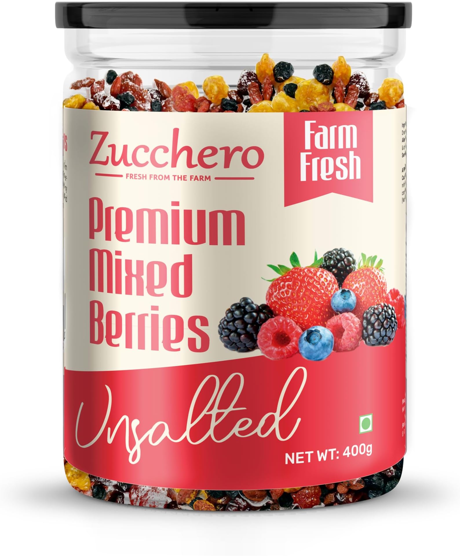 Zucchero Premium Mixed Berries, 400 gram (Blueberry, Cranberry, Black Currant, Strawberry, Cherry) | 100% Berries | No Added Raisins | Low Calories | 99% Fat Free | Antioxidant Mix | Healthy Dry Fruit