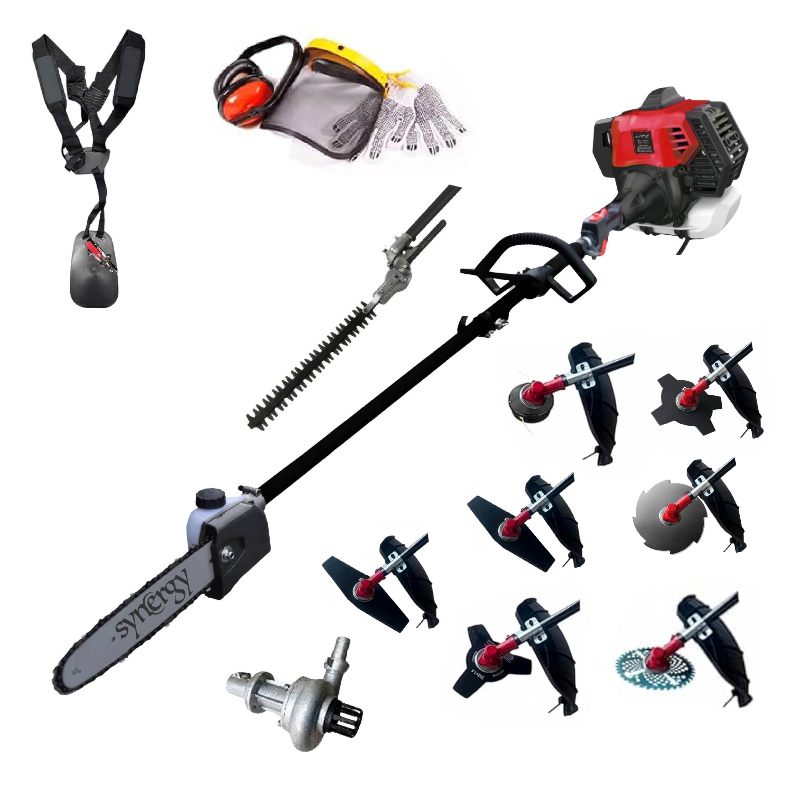 Synergy Desbrozadora Multifunción Gasolina 10 en 1 65cc 4,9cv Motor 2 Tiempos, con Bomba de Agua, Cortasetos, Podadora, Kit de protección, 6 Discos y Cabezal Automático y Arnés Profesional