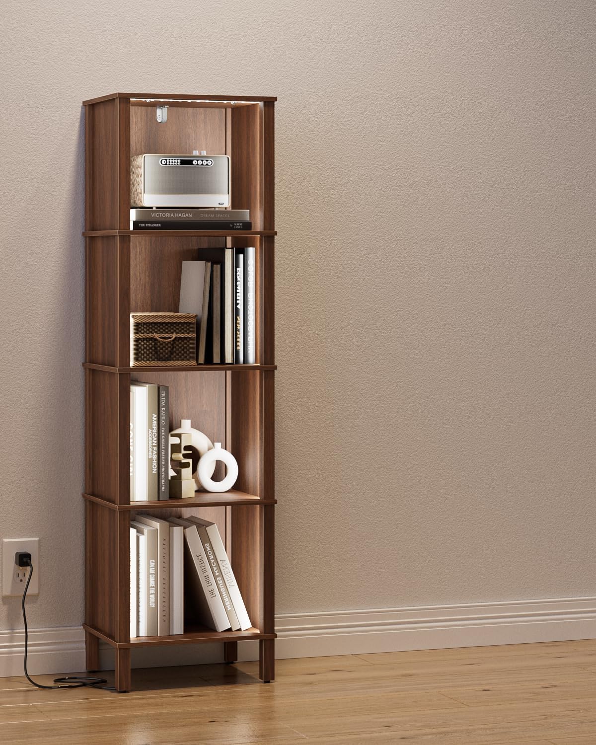 Book Shelf with LED Lights, Modern 4-Tier Bookcase, Open Storage Bookshelf, 11 × 14.2 × 50.4 Inches, Small Narrow Bookshelves for Living Room, Home Office, Bedroom, Walnut