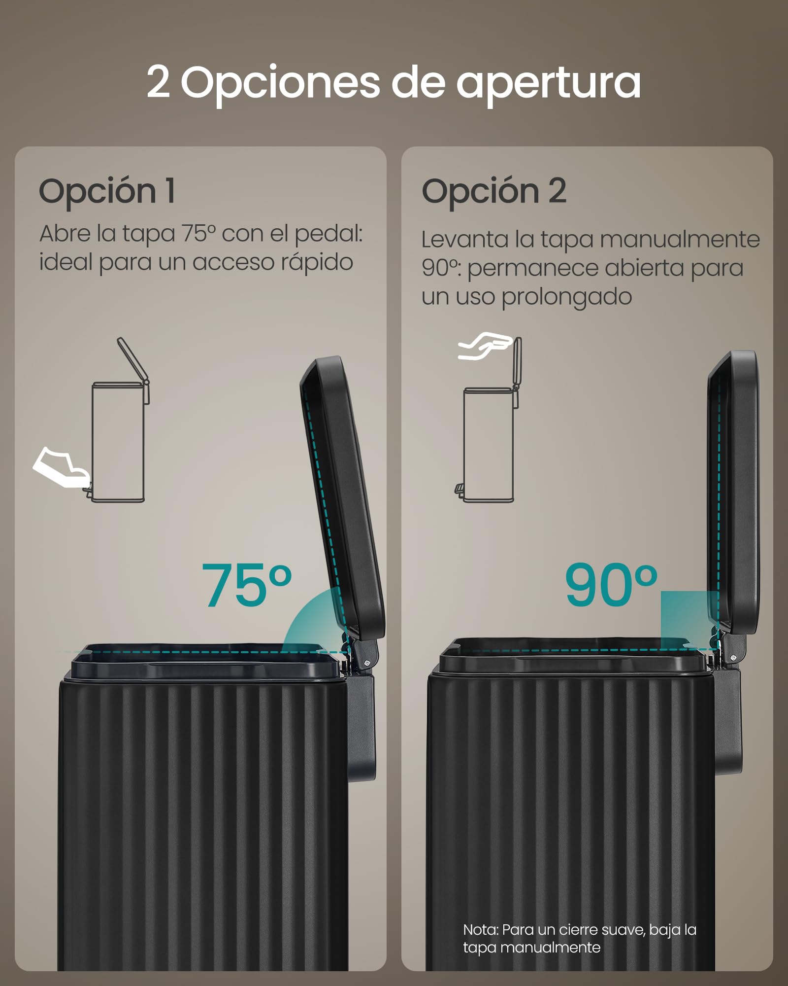 SONGMICS Cubo de basura de 13 galones con pedal, tapa de cierre suave y cubo interior extraíble, acero, 15 bolsas de basura (código K) incluidas, tinta negra LTB586BZ02