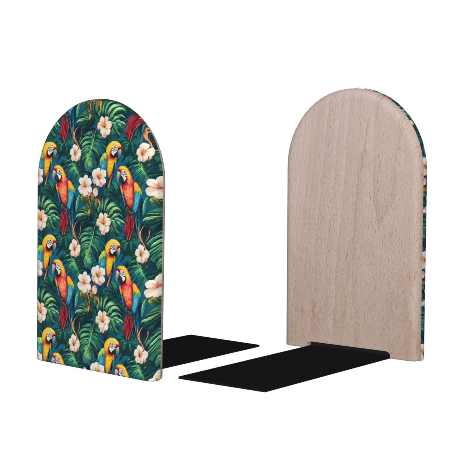 Colorful Parrot Print BookEnds 1 Pair, Decorative Bookends for Heavy Books, Wood Book Ends for Shelves, Book Organizer for Home Desk Office Supplies