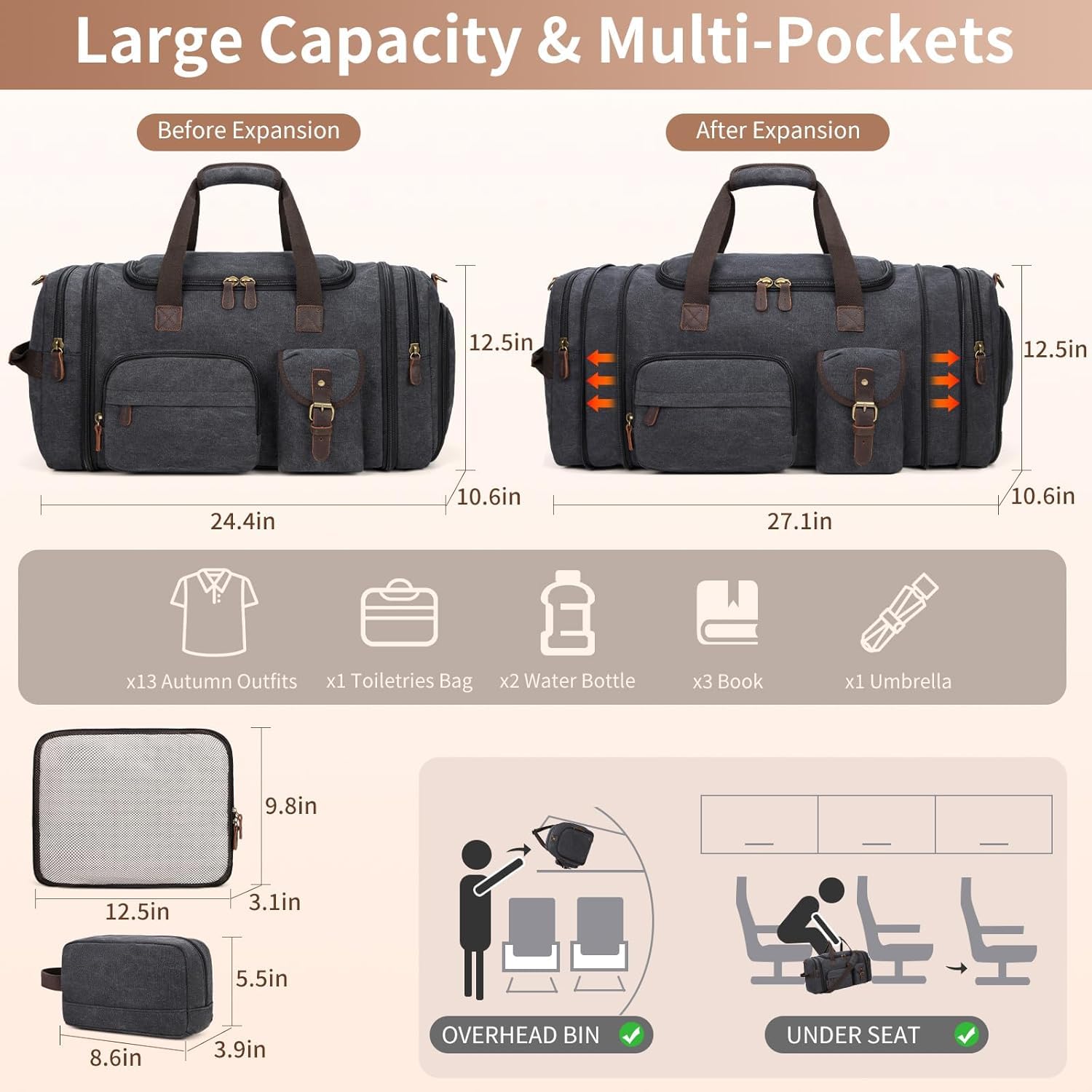 Bolsa de lona expandible para hombre, 60 litros, con compartimento para zapatos, para llevar a cabo el fin de semana, con compartimento para zapatos, para aviones, Gris-oscuro, Exteriores 4