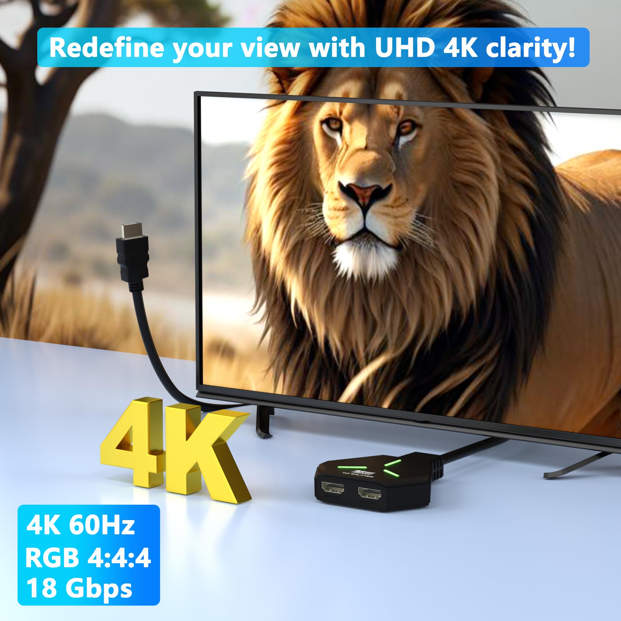 Splitter HDMI 1x2, 4K @ 60Hz HDMI 2.0 Splitter 1 in 2 Out per doppi monitor, 1 sorgente a 2 display, supporta 18Gbps ad alta velocità, HDCP 2.2, 3D, HDR, compatibile per proiettore/TV/monitor.
