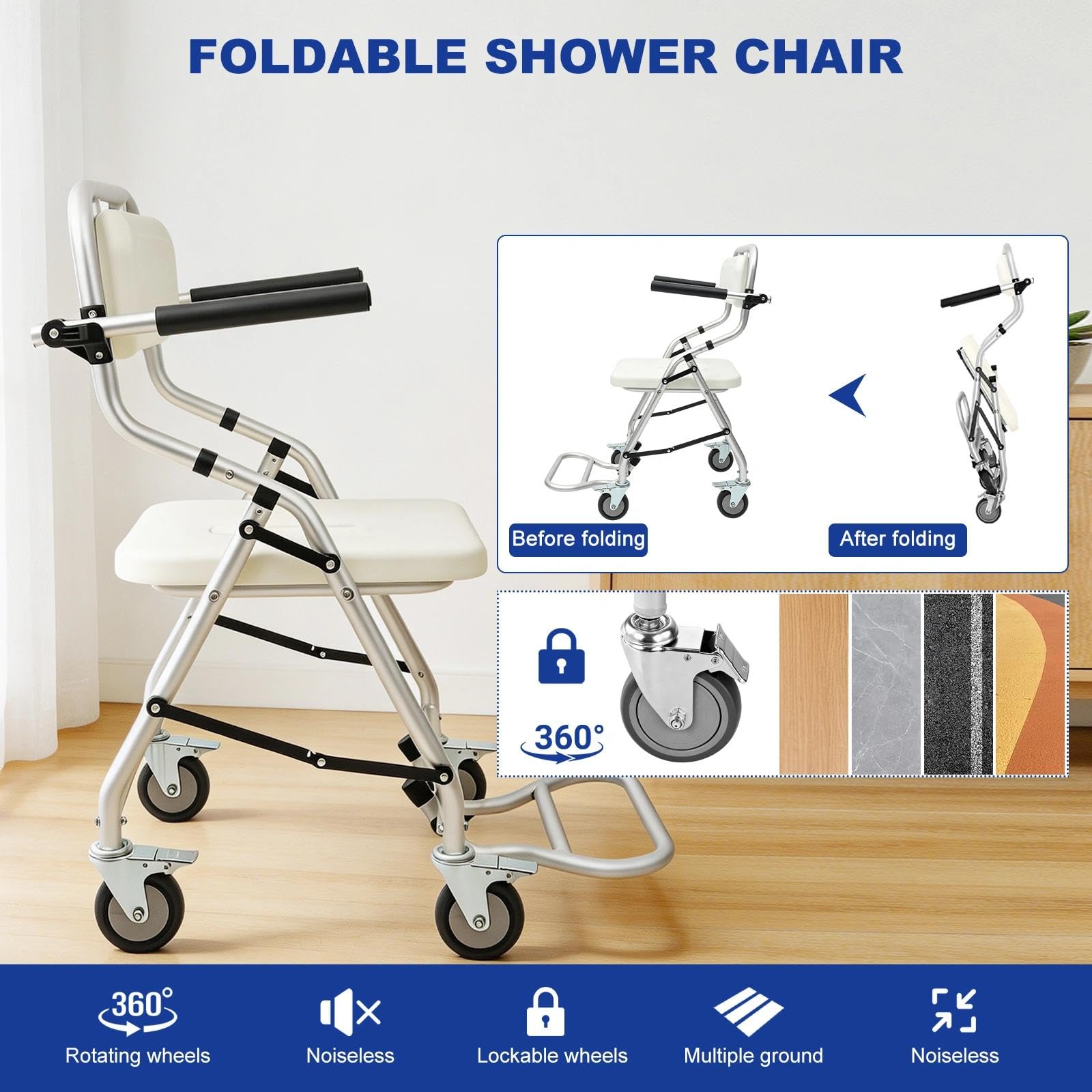 Silla de Ducha con Ruedas Plegable Aluminio, Capacidad de Carga 120kg