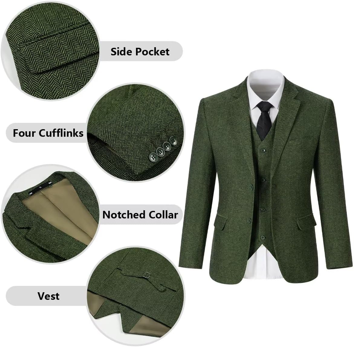 Retro Tweed Brown Men Suit 3 Piece Herringbone Slim Fit Suits Wedding Tuxedos Set Prom Jacket Blazers Vest Pants for Mens