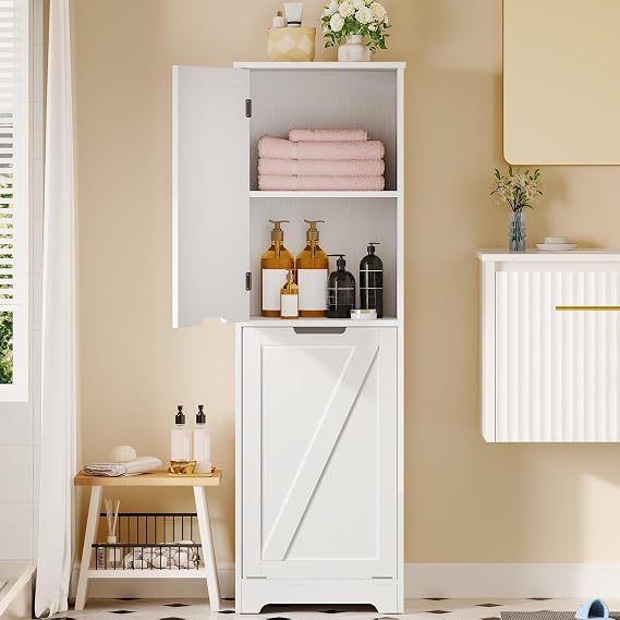 DWVO Tilt Out Laundry Hamper - 53 Tall Bathroom Storage Cabinet Laundry Cabinet with Adjustable Shelves and Clothes Basket, Hamper Cabinet Shelf for Laundry Room Bathroom Organizer, White