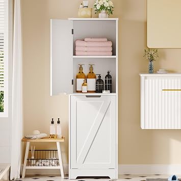 DWVO Tilt Out Laundry Hamper - 53 Tall Bathroom Storage Cabinet Laundry Cabinet with Adjustable Shelves and Clothes Basket, Hamper Cabinet Shelf for Laundry Room Bathroom Organizer, White