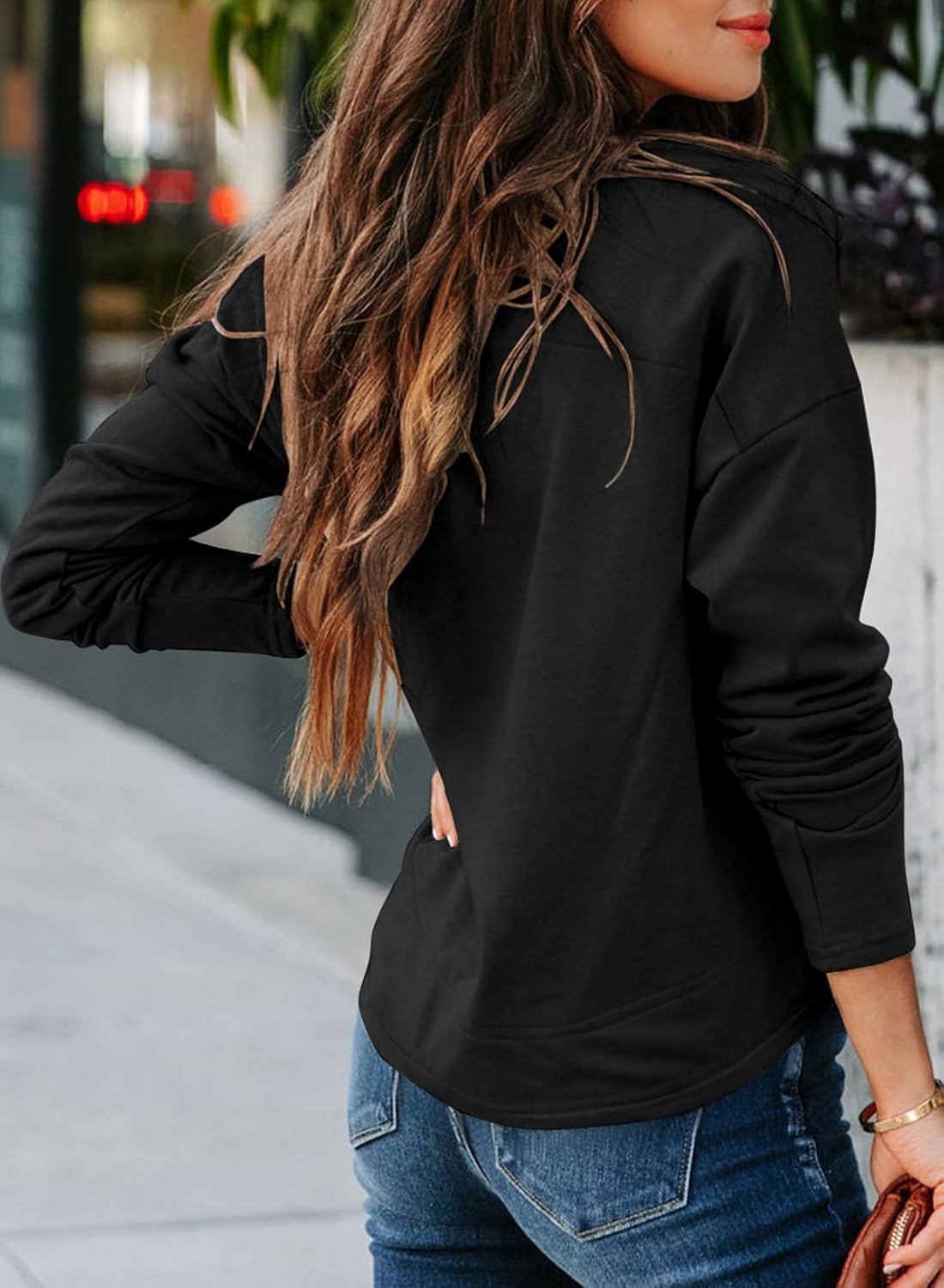 SHEWIN Womens Casual V Neck Sweatshirt Long Sleeve Lightweight Drop Shoulder Solid Pullover Tops - Image 3