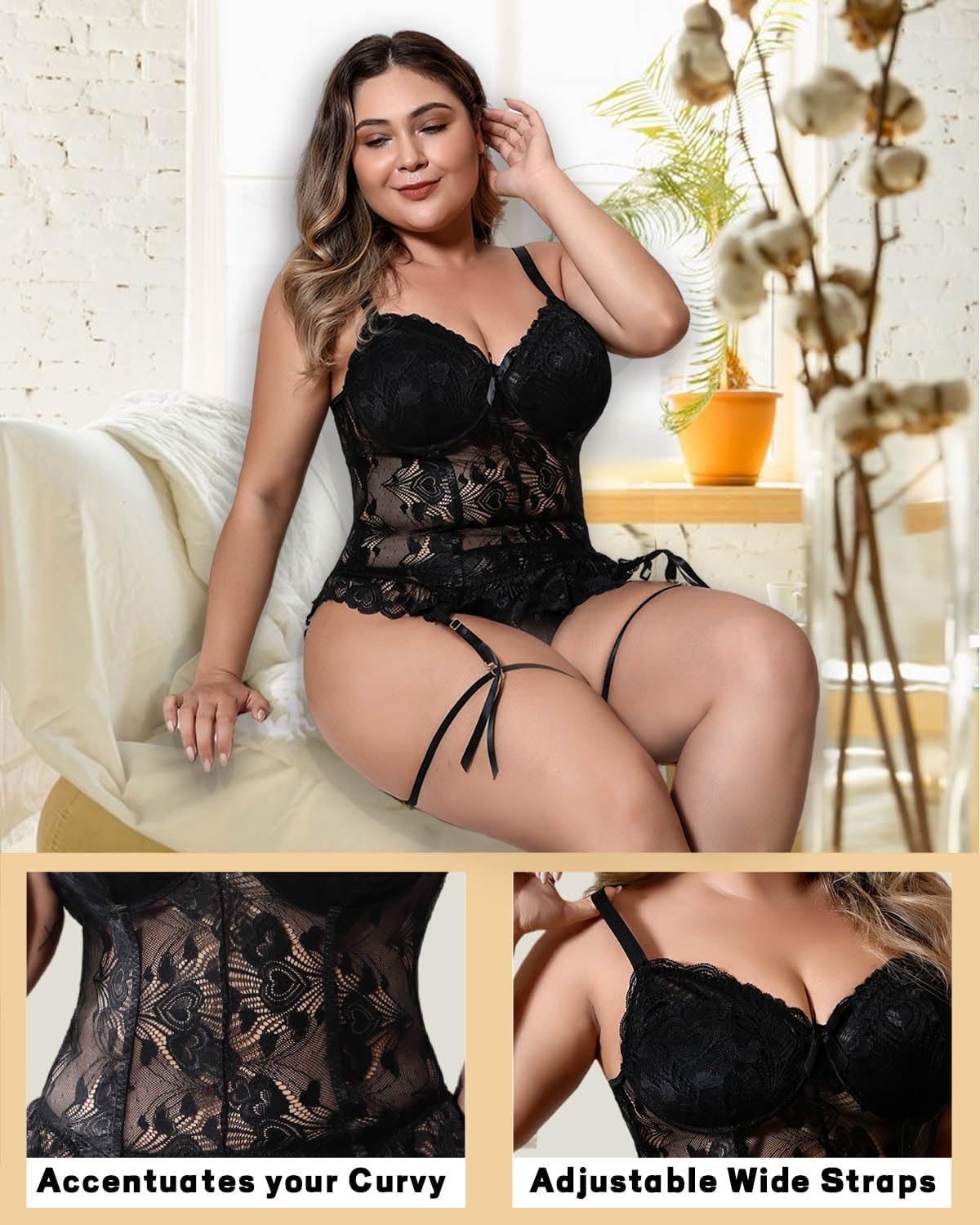Plus Size Lingerie for Curvy Women Lace Corset with Adjustable Straps and Garter Details Sleepwear - Image 3