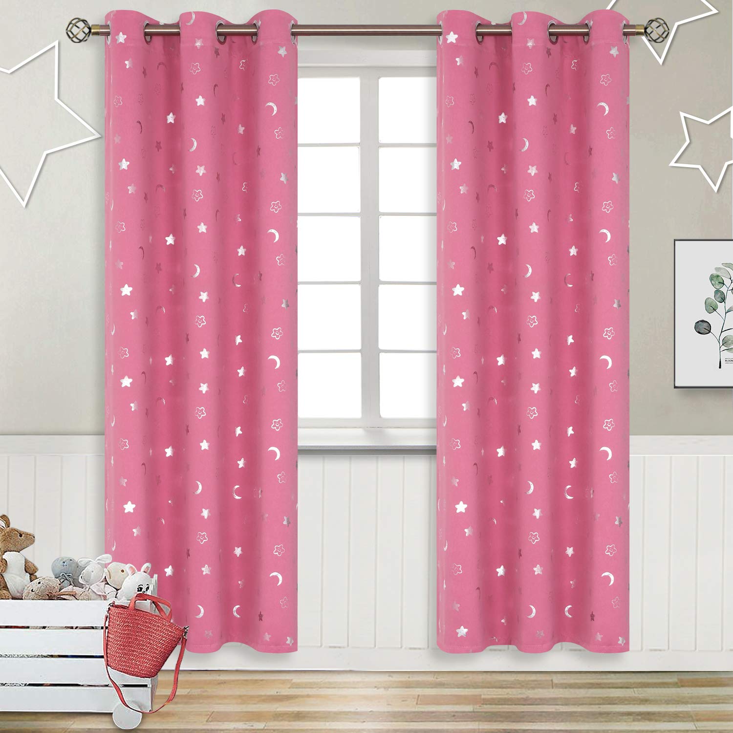 BGment Blackout Curtains for Kids Bedroom 84 Inch Long - Pink 2 Panels | Silver Star and Moon Print, Grommet top, for Nursery Play Room, Thermal Insulated, Room Darkening, Sunblock, 42x84 Inch