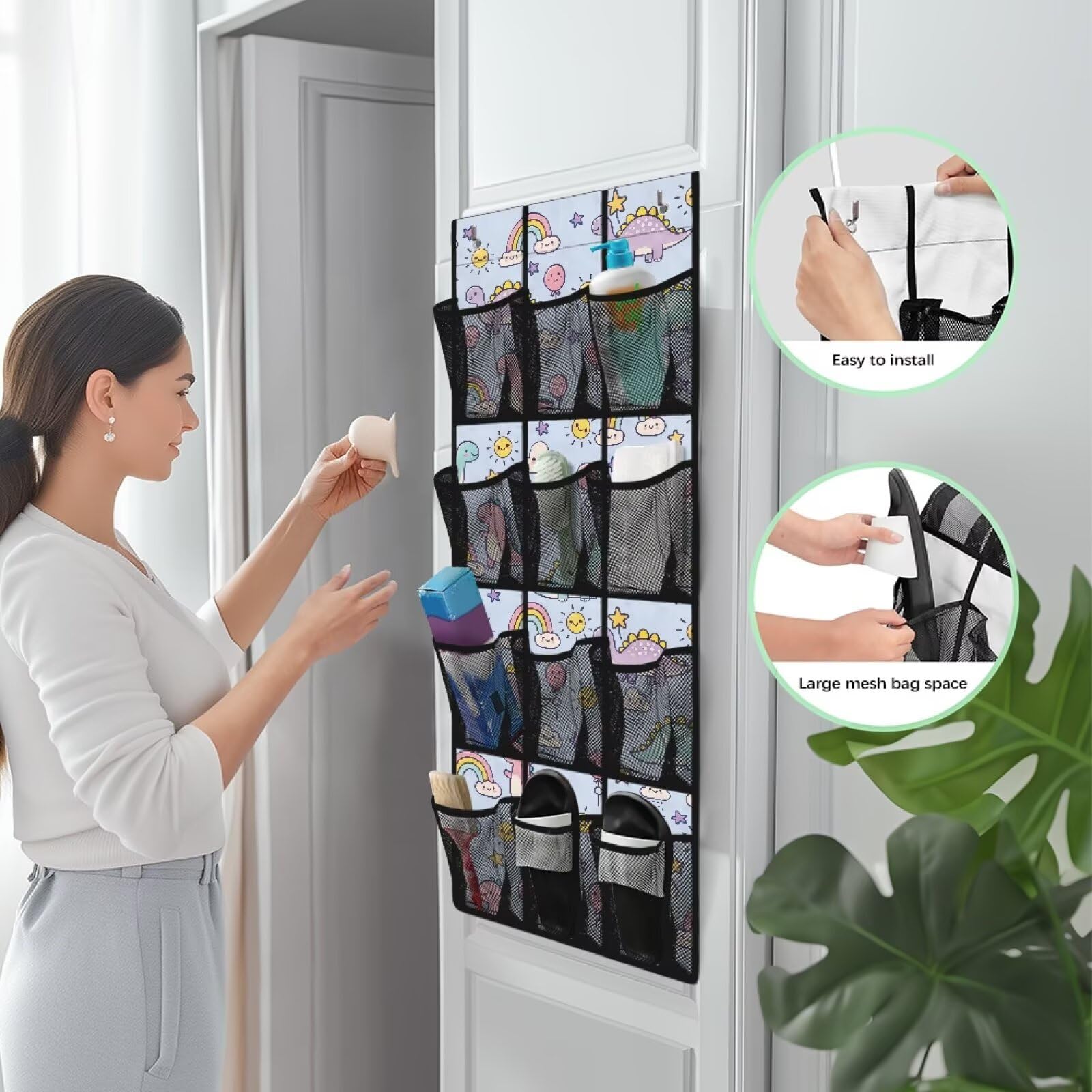 Sellikakes Cute Dinosaur Over The Door Shoe Organizer Space Saving Foldable Hanging Storage Holder 12 Mesh Pockets for Bathroom Bedroom