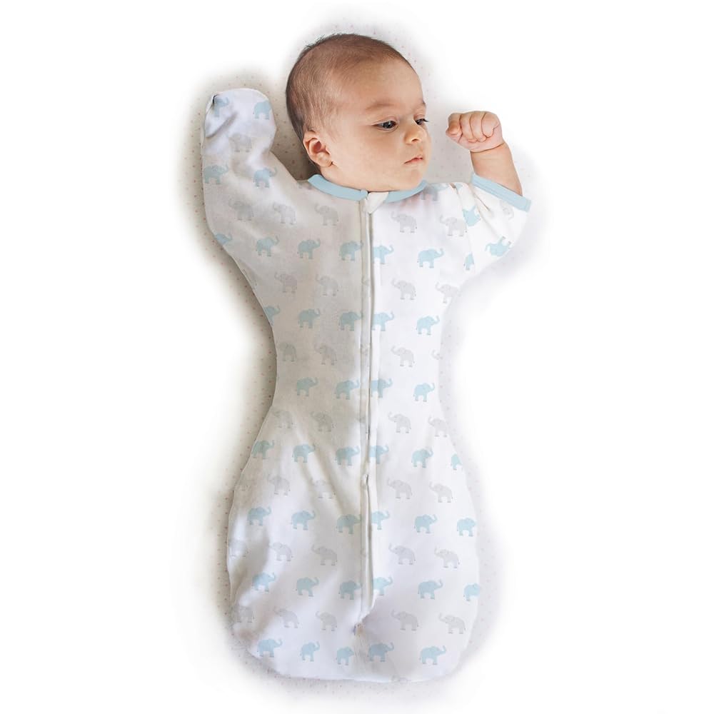 Amazing Baby Transitional Swaddle Sack, Arms Up Half-Length Sleeves & Mitten Cuffs, Swaddle for Newborn Transition to Baby Sleep Sack Wearable Blanket, Large, 6-9 mo, 21-24 lb, Blue Tiny Elephants