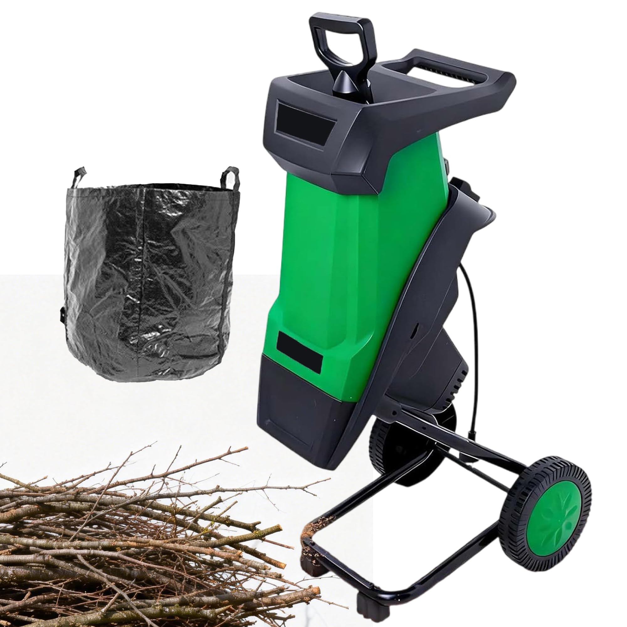 trituradora de Hojas eléctrica, trituradora de poda eléctrica, Bolsa Recogida 50L, Astilladora Ramas 40mm/1,57in, trituradora jardín, para amas,Palos y residuos jardín Green