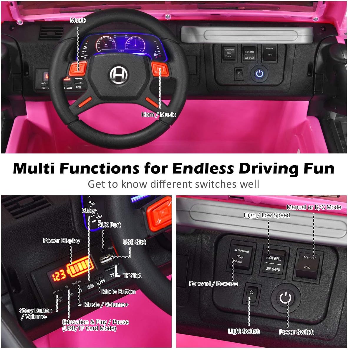 HONEY JOY 2 Seat Ride On Truck, 12V Off-Road Electric Vehicle with Remote Control, Slow Start, Spring Suspension, LED Lights, Music, 7 Speeds, Battery Powered Electric Cars for Kids : Toys & Games