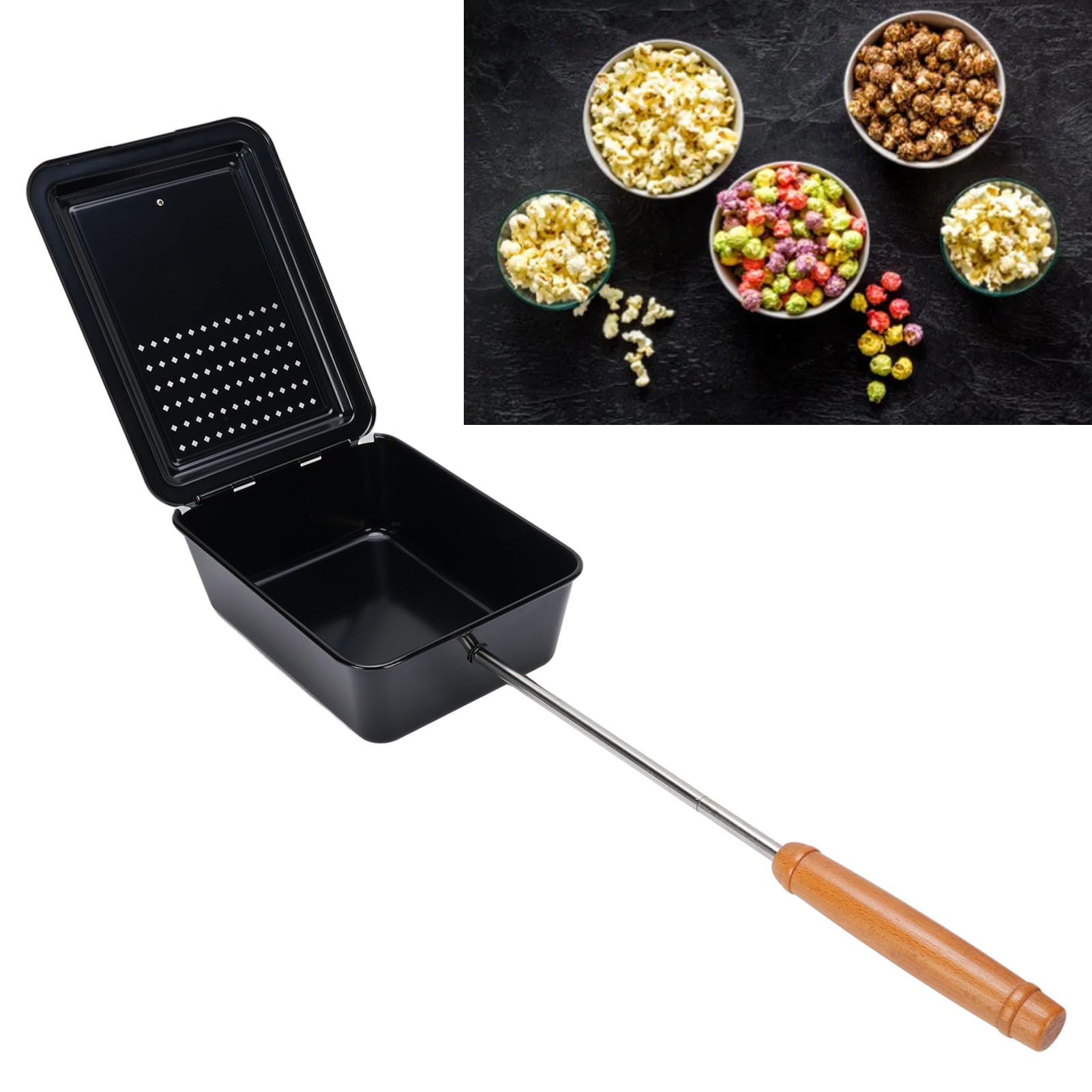 Popcorn Grill Tray with Wooden Handle, Manual Popcorn Pan Handcrafting Snacks Maker, Even Heat Distribution, Ideal for Family Camping Trips, Gathering