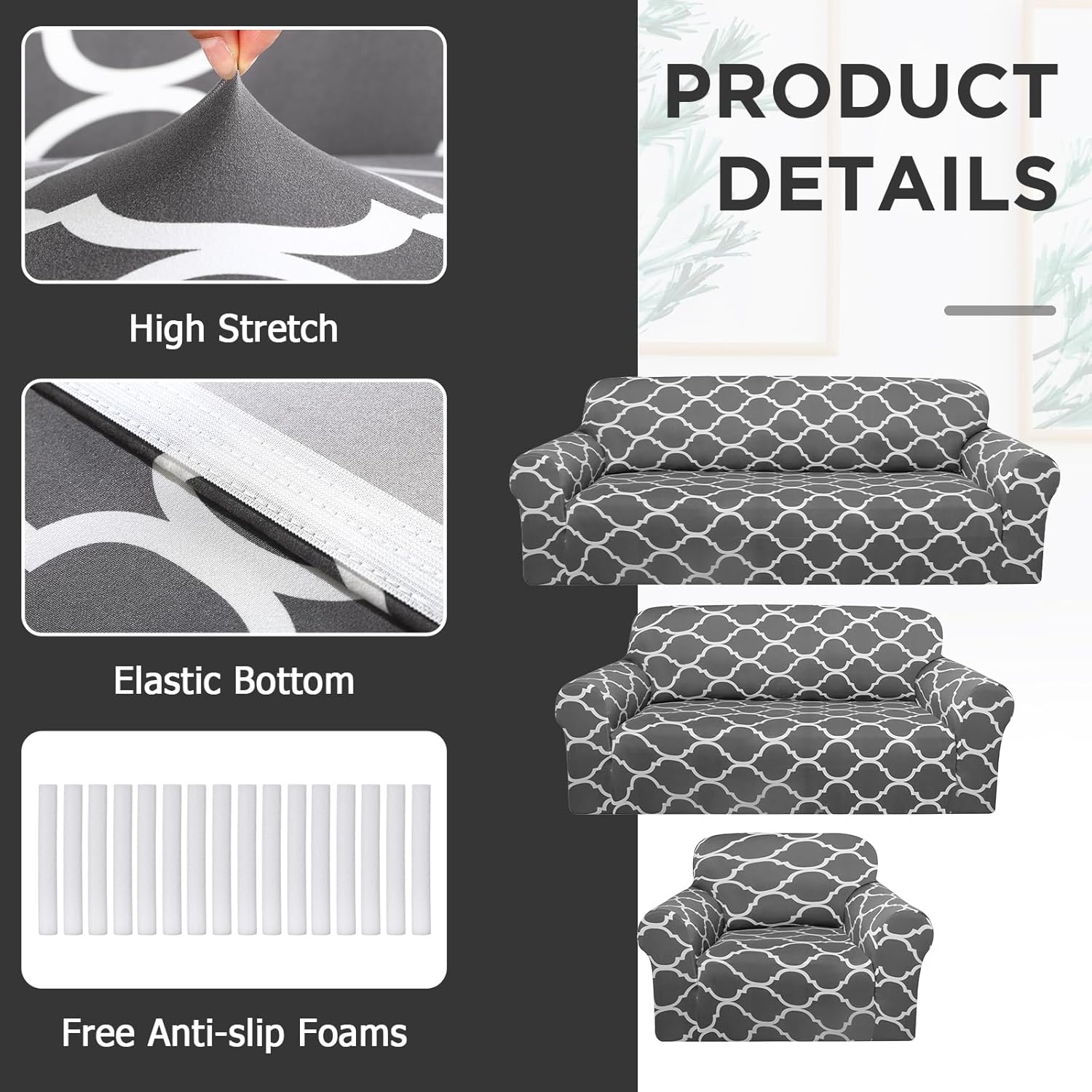 Peryiter 3 Pcs Couch Cover Set for Living Room Furniture Covers for Couch and Sofas Loveseat Arm Chair Slipcover, Furniture Protector, Stretch, Wrinkle Free (Dark Gray)