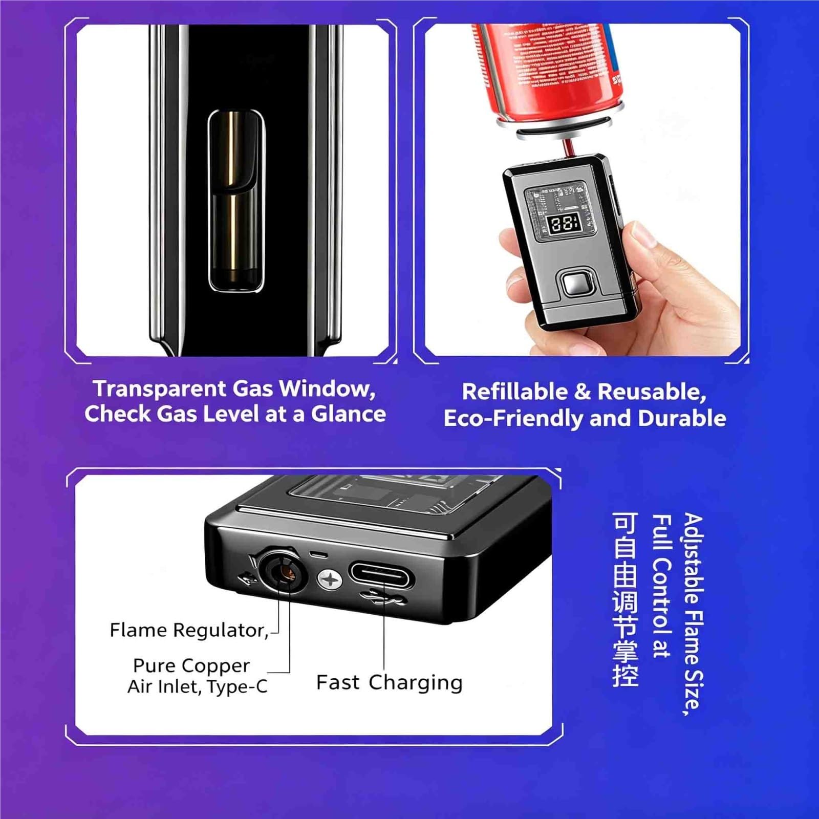 Encendedor de butano con ventana de combustible visible y llama ajustable, perfecto para hombres, ideal para exteriores, camping, barbacoa, hoguera y mucho más