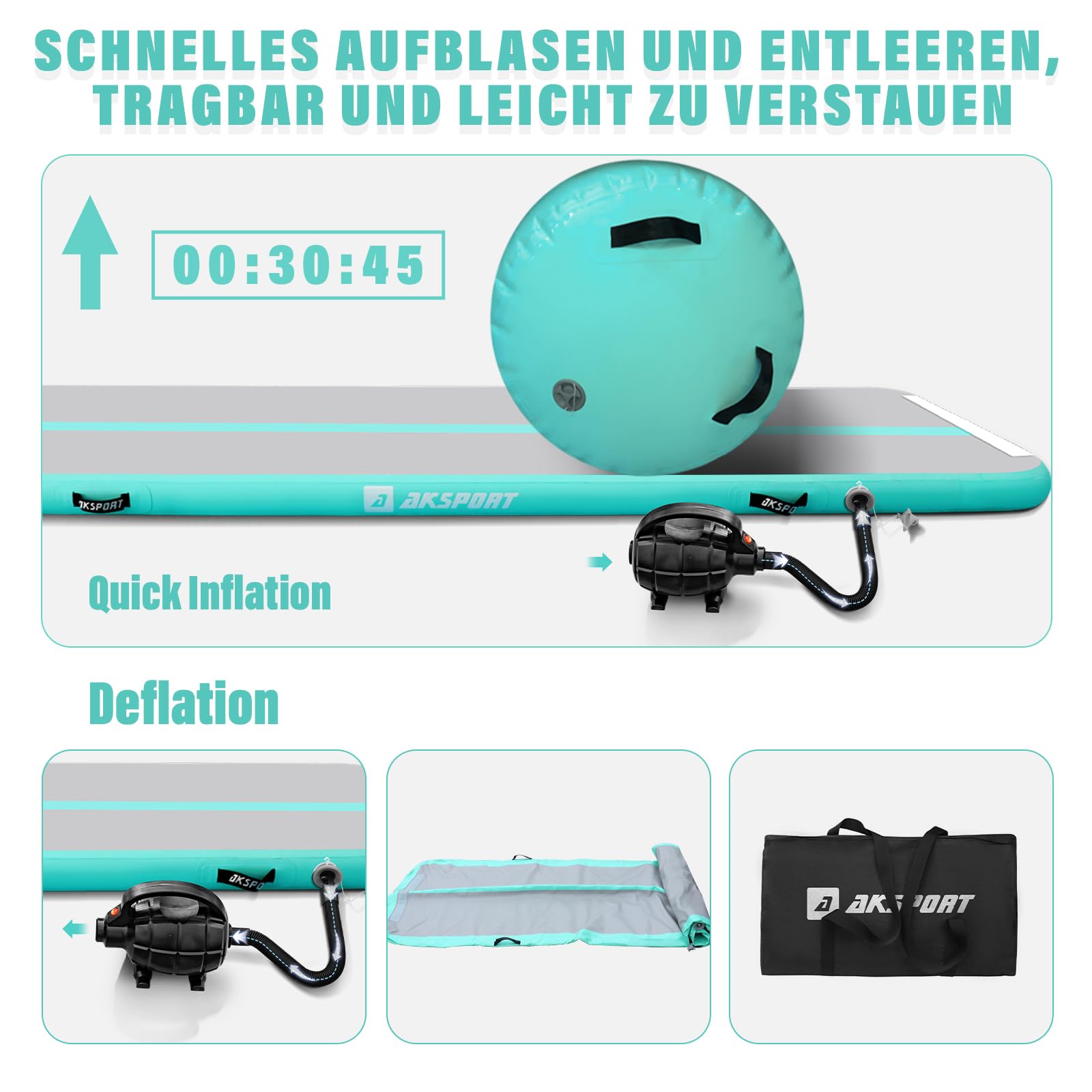 AKSPORT Airtrack mit Air Roll Aufblasbar Gymnastikmatte Turnmatte Air Tracking Matte 3m mit rolle mit Luftpumpe für Hause/Yoga/Cheerleading/Tumbling/Rückwärtsbeugen