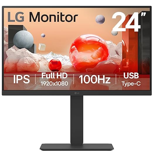 LG 24BA650 IPS Full HD (1920 x 1080) Monitor, 24", 100Hz, DP, HDMI, USB-C with PD65W, Height/Tilt/Swivel/Pivot Stand, Built-in Power and Speaker, Anti-Glare, Daisy Chain, Energy Star, TCO, Black