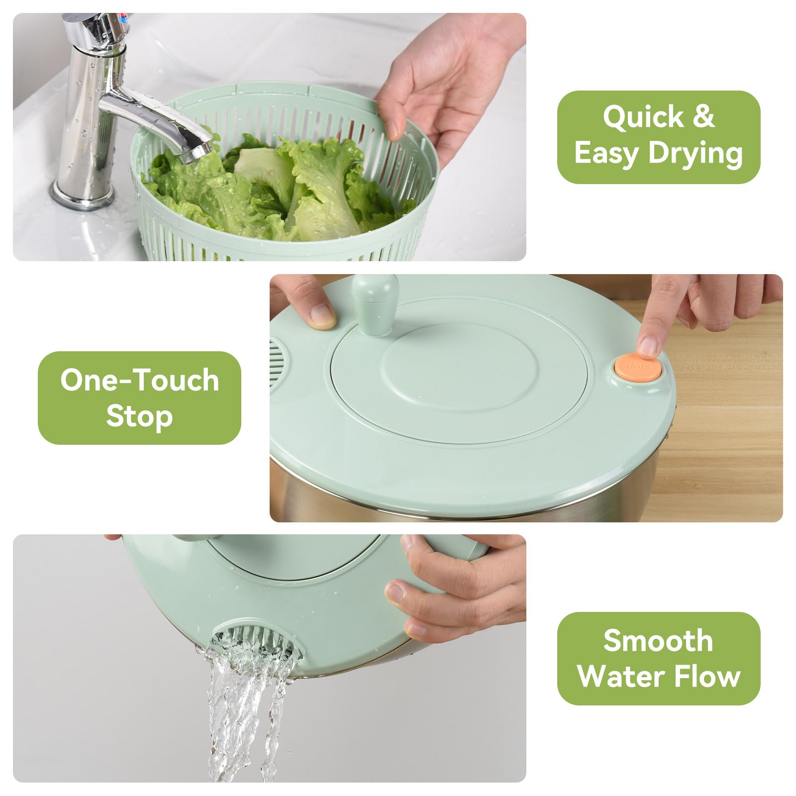 OTraki Centrifugadora Lechuga 5L en Acero Inoxidable, Escurridor Lechuga Grande Secador de Lechuga y Verduras con Base Antideslizante Apta para Lavavajillas, Lavar y Escurrir Las Ensaladas