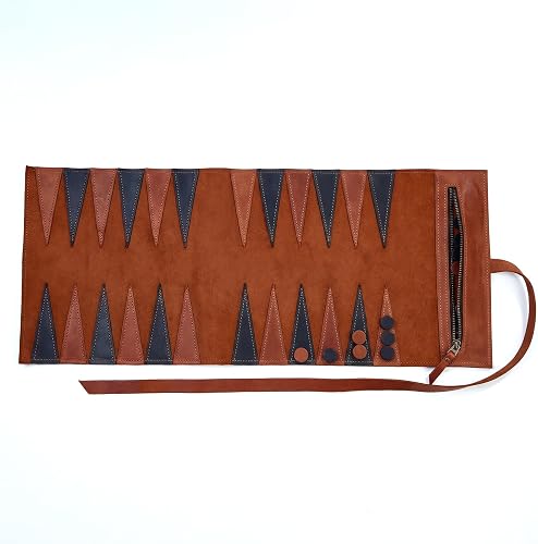 Leather Backgammon Roll Set with Checkers, Roll Up Backgammon Board Travel Game Set, Genuine Leather Backgammon Mat for Home Office Travel, Compact Board Game Set 15.75 x 12