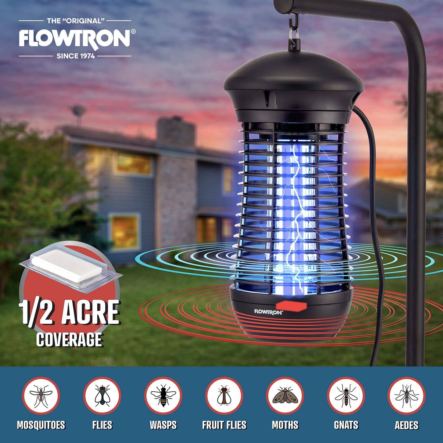 Flowtron Insektenvernichter für den Außenbereich, 4000 V, elektrischer Insektenvernichter mit 1/2 Acre-Abdeckung, nicht verstopfendes Stoßgitter, tötet Mücken, Fliegen und fliegende Insekten, Terrasse