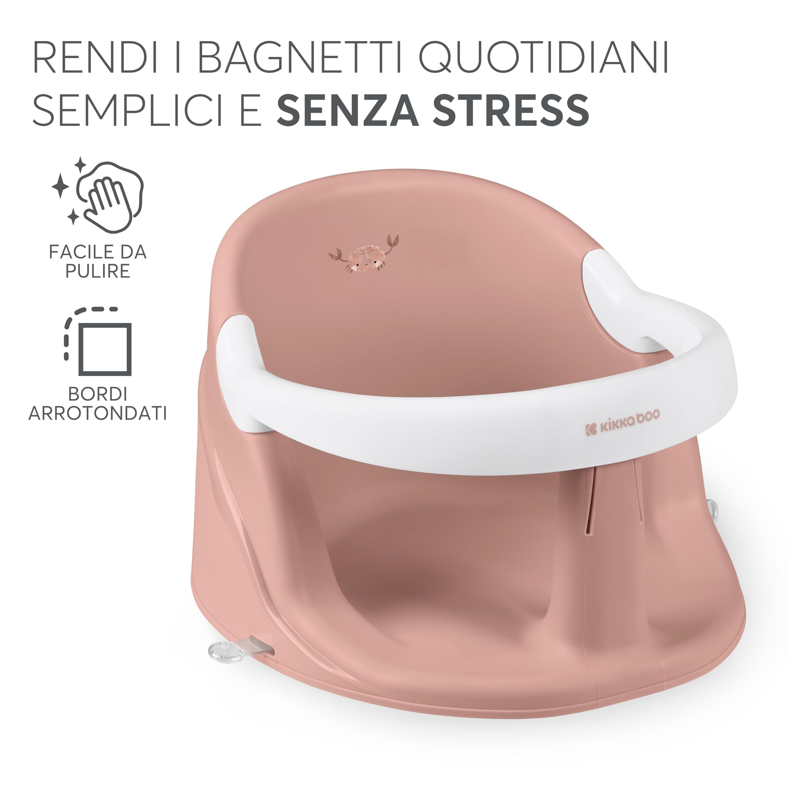 KikkaBoo Seggiolino da Bagno Neonato OCEAN DEEP, per Vasca e Doccia, 6+ Mesi fino a 15 kg, 4 Ventose Antiscivolo, Design Ergonomico, Facile da Pulire, Blush