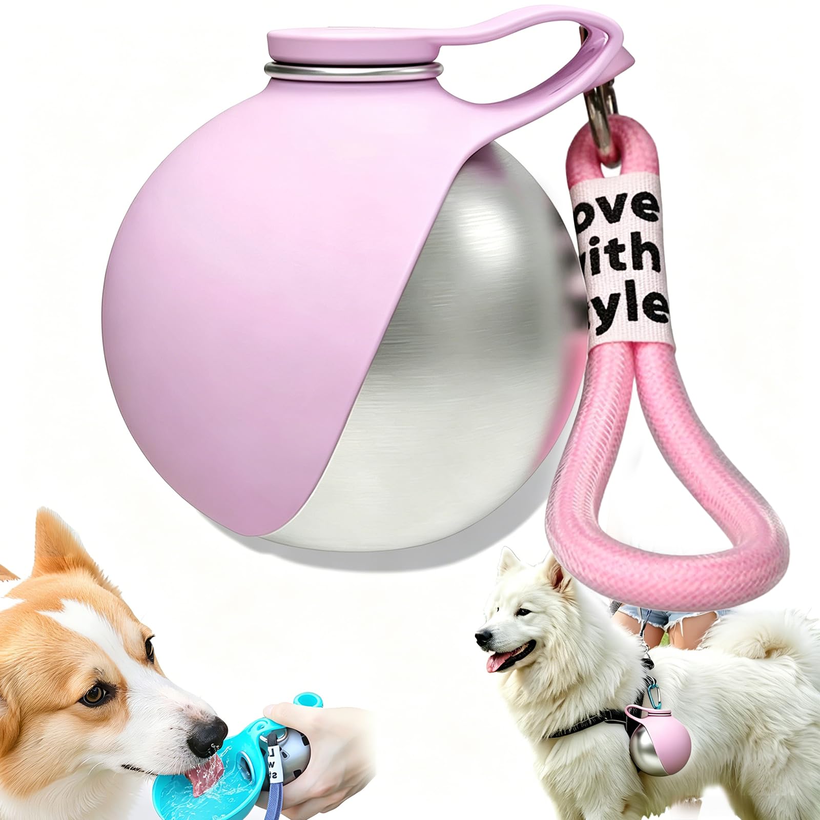 2 in 1 Portable Dog Water Bottle, Dog Water Bottles for Walking, 285ML Stainless Steel Dog Drinking Bottle & Silicone Bowl, Dog Travel Water Bottle for Walks, Hikes, Road Trips, Camping, Travel (pink)