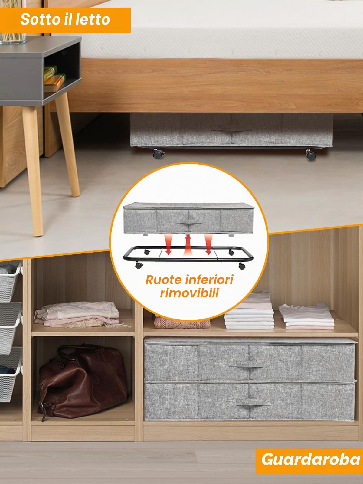JUPELI Contenitori sotto il letto su ruote, organizer sotto il letto pieghevole extra large da 50L, confezione da 2 contenitori sotto il letto su ruote, scatole sotto il letto con coperchio rotanti