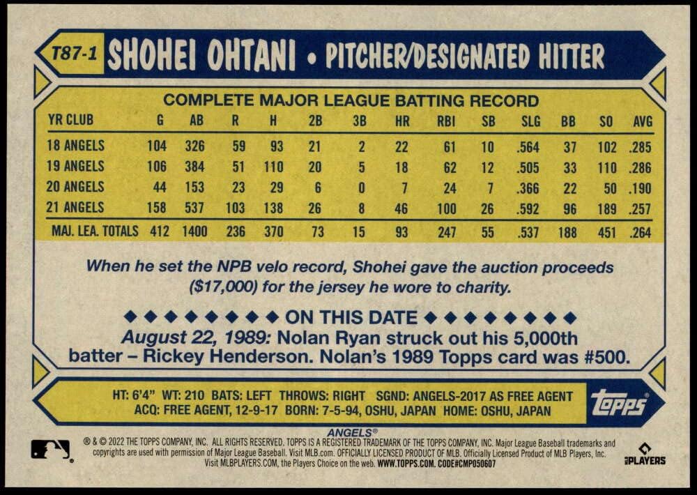 2022 Topps Oversized 1987 Topps 35th Anniversary #T87-1 Shohei Ohtani S49 Los Angeles Angels Official MLB Baseball Trading Card (5 by 7 inches) Stock Photo Used, Serial Number will vary out of 49