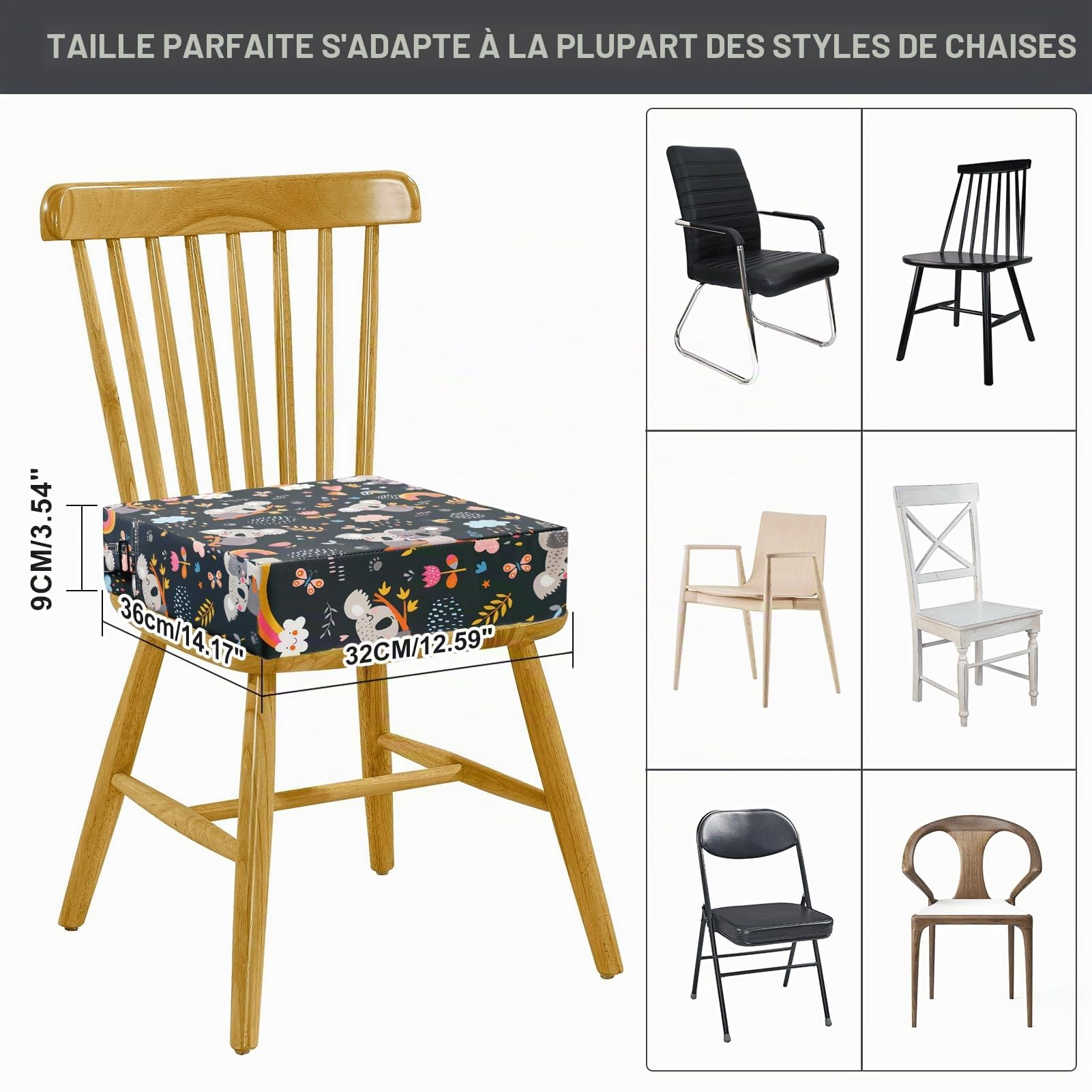 Rehausseur Chaise Enfant, PU Imperméable à l'eau Fort Support Portable Chaise Surélevée, Adapté pour les Repas des Jeunes Enfants, Coussin de Chaise Surélevée Facile à Nettoyer (Noir Koala)