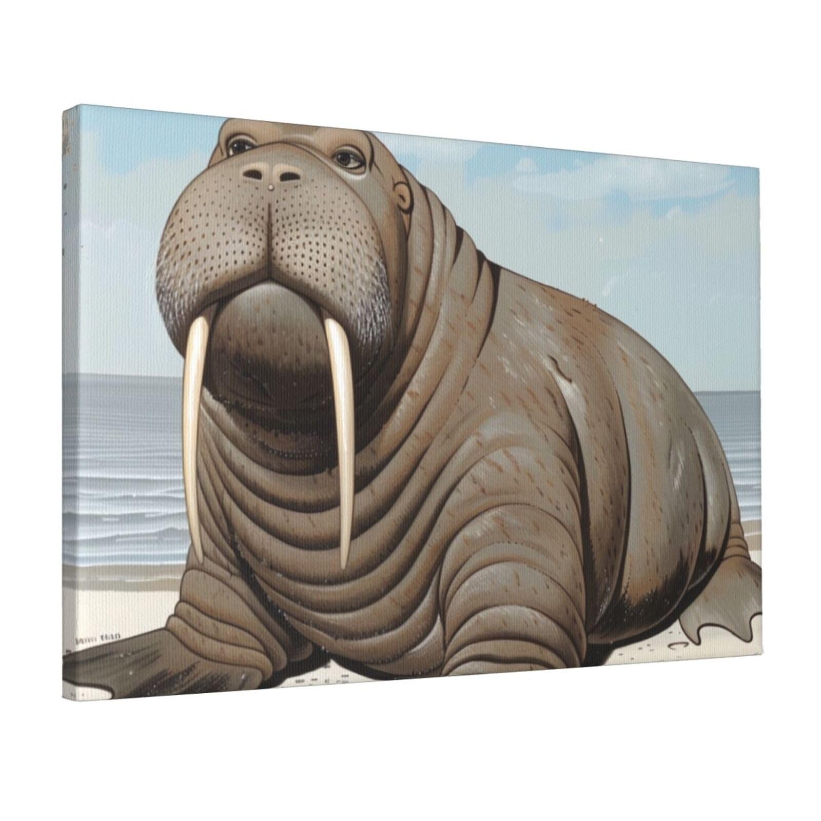 YKLJG Walrus Printed Wall Art Canvas Prints 45x30 CM Wooden Framed Picture Painting Artwork for Bedroom Kitchen Home Office Decor