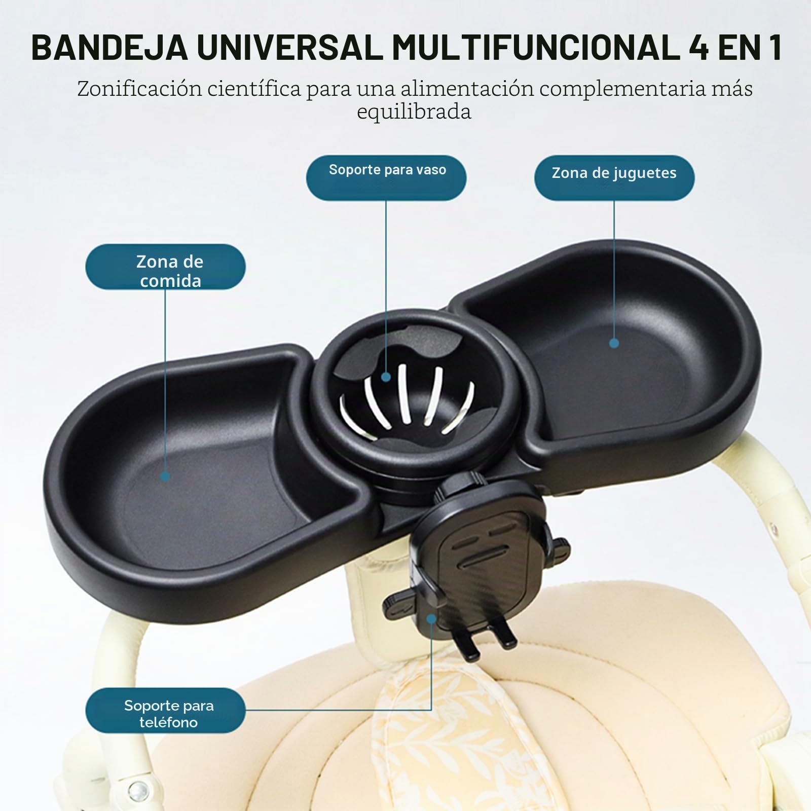 Vihir Bandeja para Cochecito de Bebé, 4 en 1 Bandeja de bocadillos Universal para Cochecito con Portabocadillos y Soporte para Móvil, Clip Ajustable Giratorio 360°, para Cochecitos con Reposabrazos