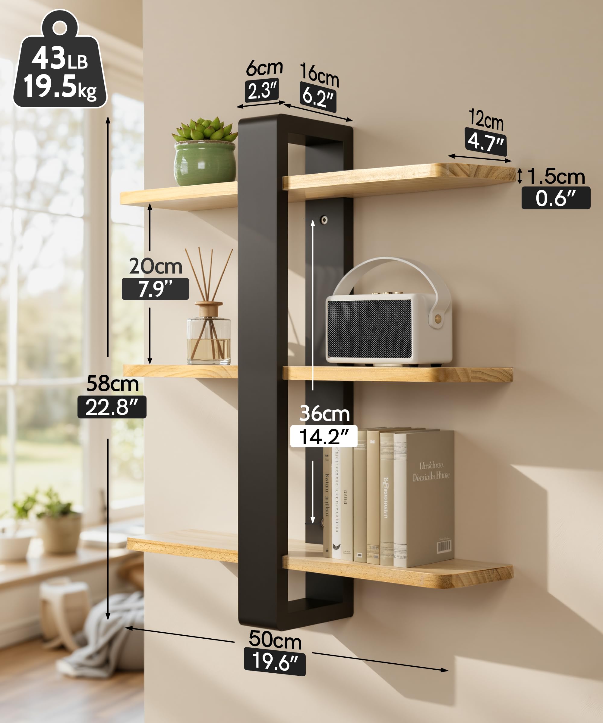 SUMGAR Wandregal Holz, dekoratives Hängeregal mit 3 Ablagen, 50 x 58 cm | Aus massivem Kiefernholz mit drei abnehmbaren Böden; zur Wandmontage für Bücher und Deko in Wohn- und Schlafzimmer.