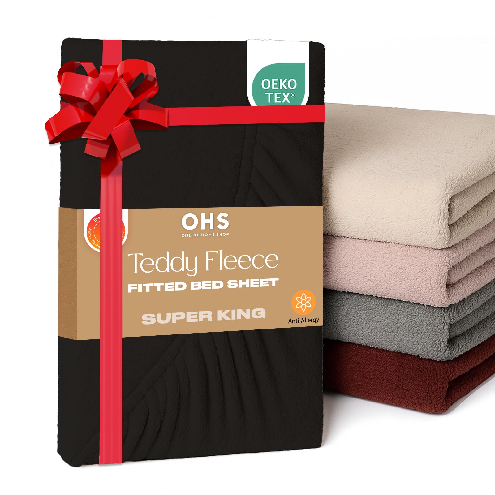 Brentfords Black Teddy Fleece Fitted Bed Sheet Thermal Warm Soft Luxury Fluffy Cuddly Cosy Bedding, - Superking