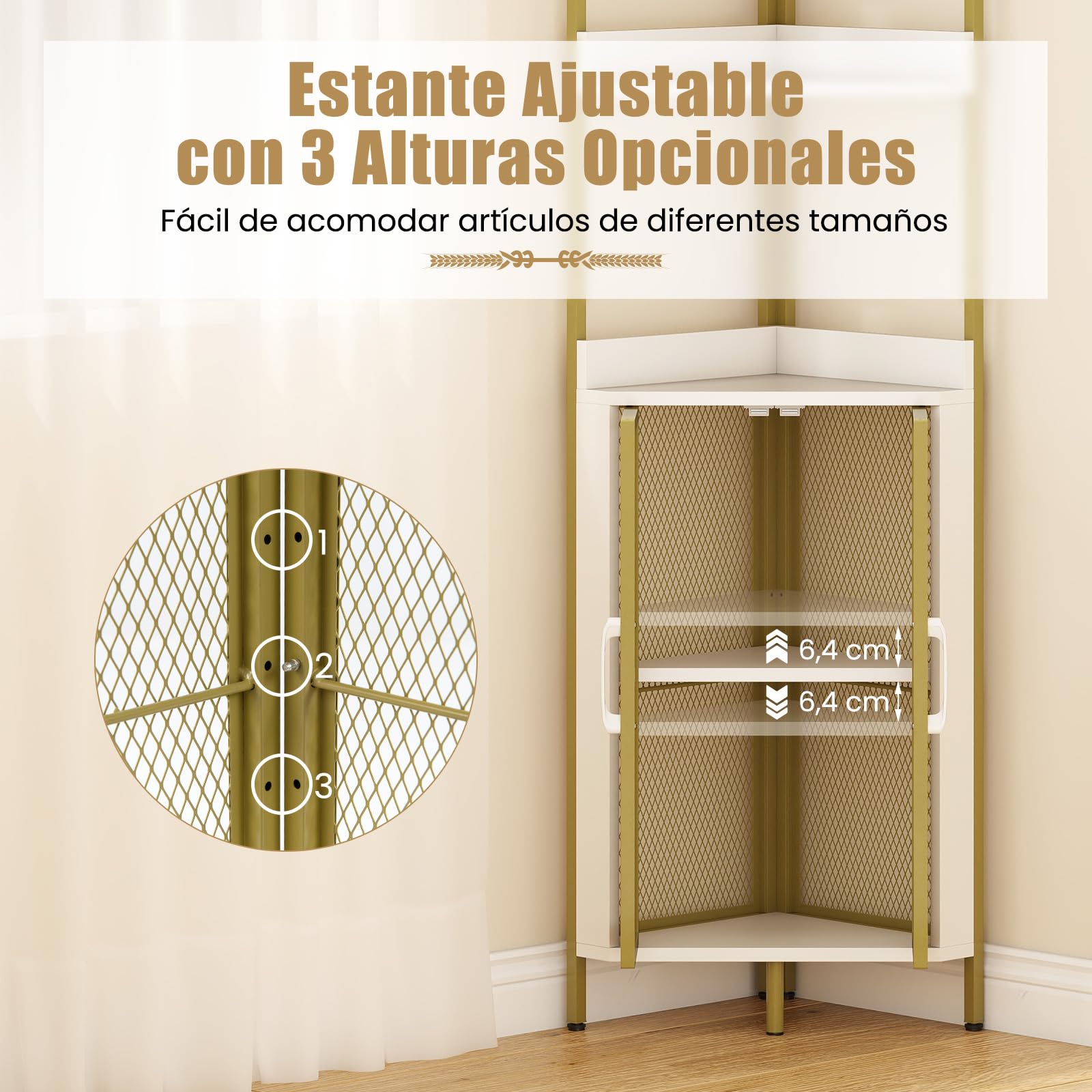 COSTWAY Estanteria Esquinera de 6 Niveles, Estanteria Esquina con Gabinete y Puertas, Estante Ajustable, Libreria Rinconera para Plantas, Salon Dormitorio Oficina Cocina, 32 x 32 x 170 cm (Blanco)