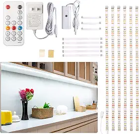 WOBANE Luz sob o balcão, iluminação LED regulável sob o gabinete, 6 peças de barras de luz de tira de LED com controle remoto para cozinha, prateleira, despensa, vitrine, mesa, armário 6000K branco, tempo, 16W 1500LM, 3 m