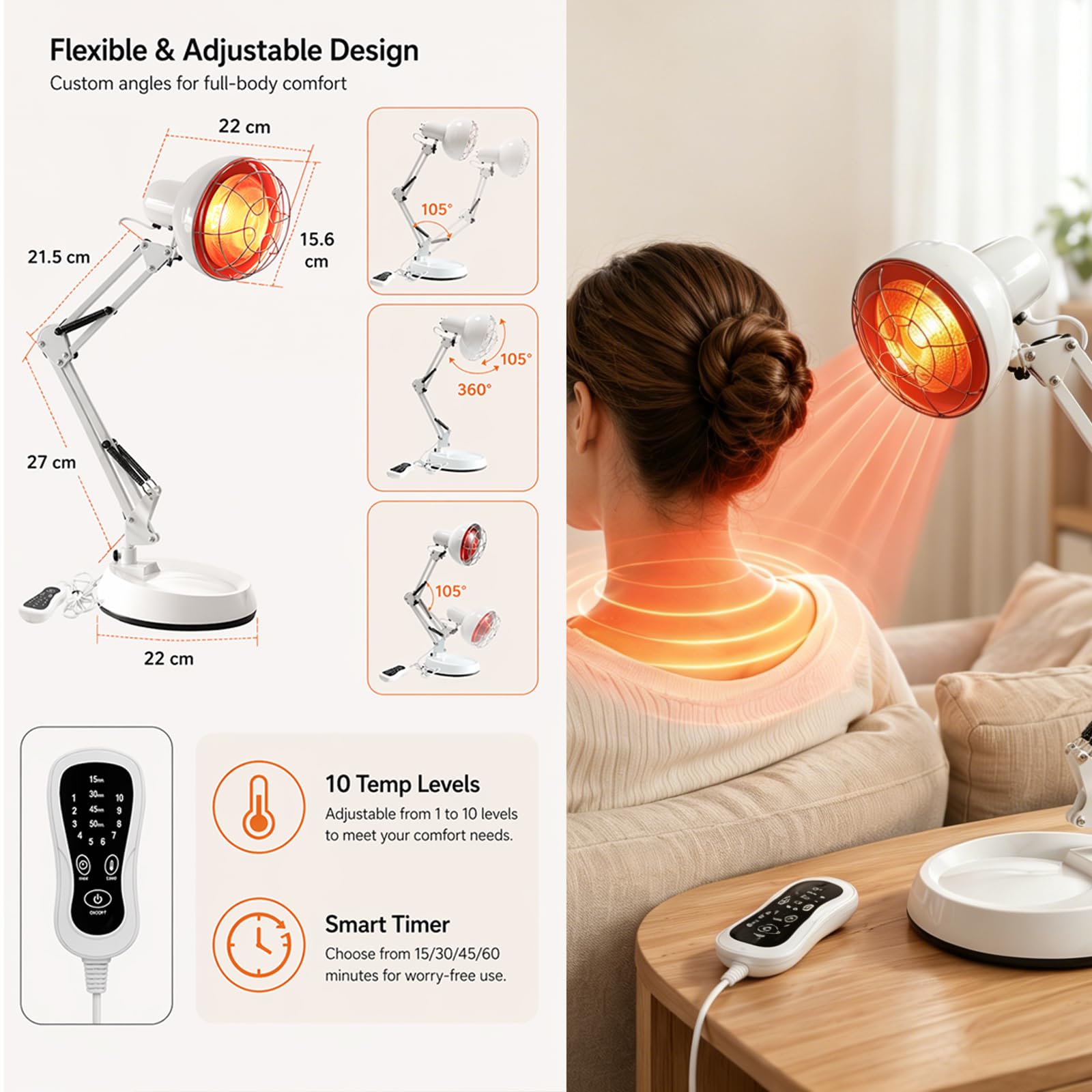 Rotlichtlampe Wärmelampe 100W Infrarotlampe Infrarotlicht-Tragbarer Heimgebrauch mit Infrarotlicht Rotlicht Infrarotlichtlampe Wärmestrahler Temperatur einstellbar mit Timer