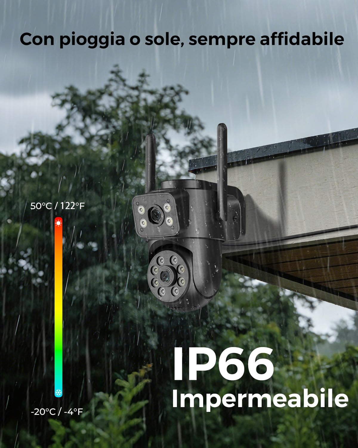 Reobiux 2K Telecamera Wi-Fi Esterno con Doppia Lente, 360° PTZ 2,4/5GHz Videocamera Sorveglianza Esterno, Colori Visione Notturna, Tracciamento Automatico del Movimento, Registrazione 24/7, IP66