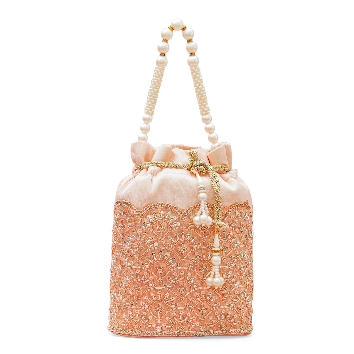 Peach Fabric Potli Bag with Golden Embroidery White Stone Embellishments Pearl Beaded Handle Wedding Party Festival Gift for Women & Girls-image-14