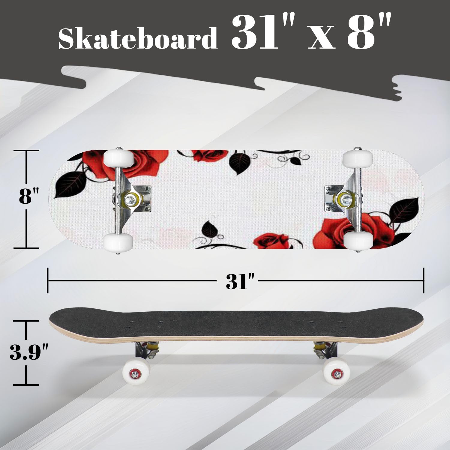 Complete Skateboard with Floral Design Ornament Roses Beginner Skateboard 7-Layer Maple Wood Double Kick Concave Skateboards for Kids, Adults, Teens 31