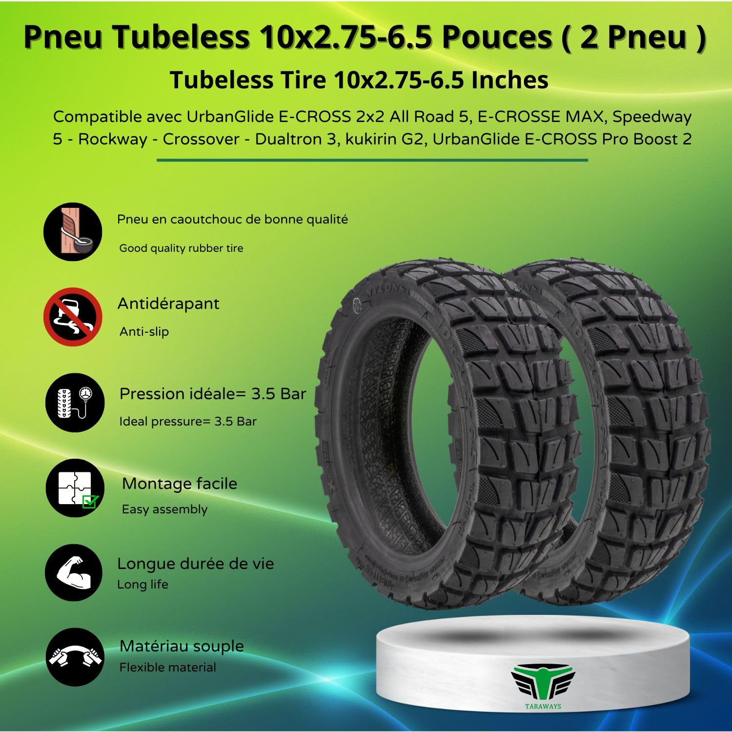 [M365Lyon] Pneumatico Tubeless 10 x 2,75-6,5 pollici per monopattino elettrico UrbanGlide E-CROSS 2 x 2 All Road 5, E-CROSSE MAX, Speedway 5 - Rockway - Crossover - Dualtron 3, Kukirin G2 (2xTire)
